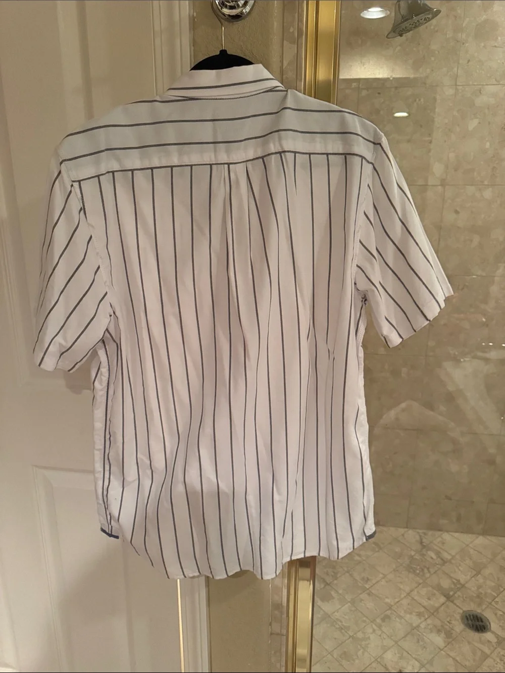 Vans White Short-Sleeve Button-Down Shirt with Navy Vertical Stripes